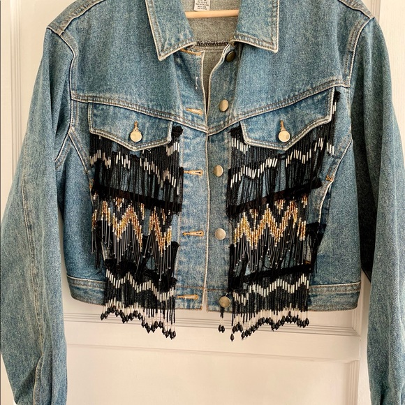 Vintage Cropped Denim Jacket w/ Beaded Fringe by "Noname" (1980 - 1990) - Picture 8 of 8